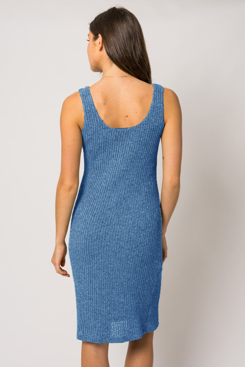 Sleeveless Vneck Knit Textured Midi Dress Denim