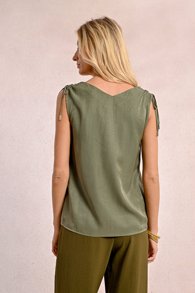 Tie Shoulder Vneck Tank Khaki