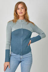 Stripe Contrast Fitted Mock Neck Zip Up Sweater Blue