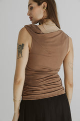 Emilia Asymmetric Twist Shoulder Top Mocha