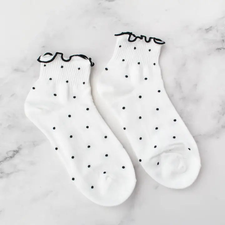 Ruffled Polka Dot Ankle Socks White