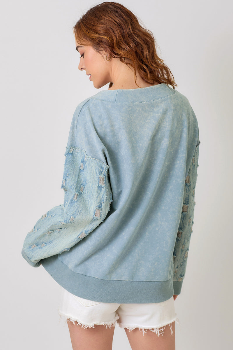 Denim Distressed Sleeve Mix Media Pullover Washed Denim Blue
