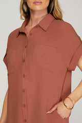 Drop Shoulder Button Up Woven Shirt Dress Cinnamon