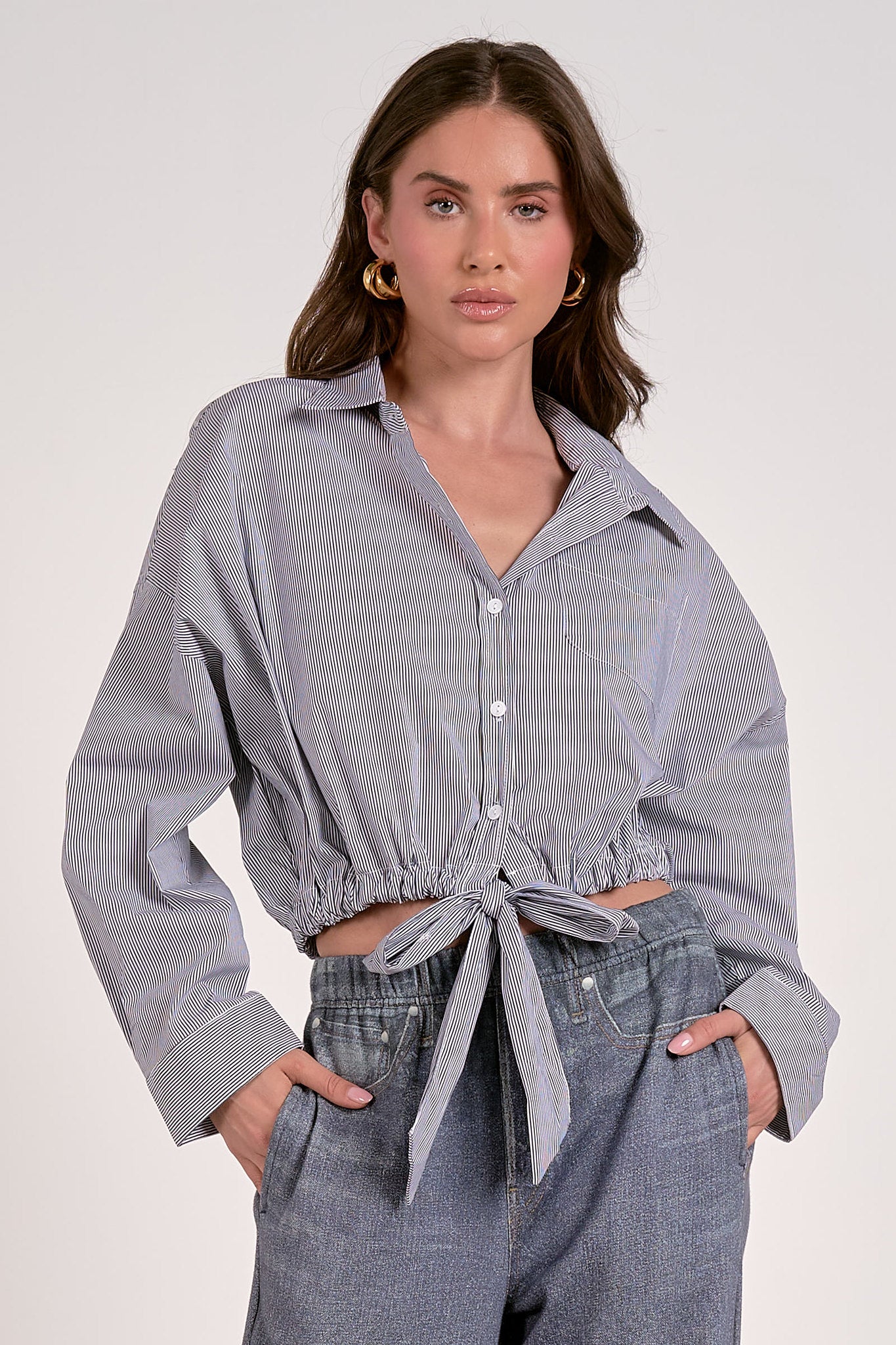 Cropped Tie Waist Button Down Shirt Black Stripe