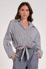 Cropped Tie Waist Button Down Shirt Black Stripe