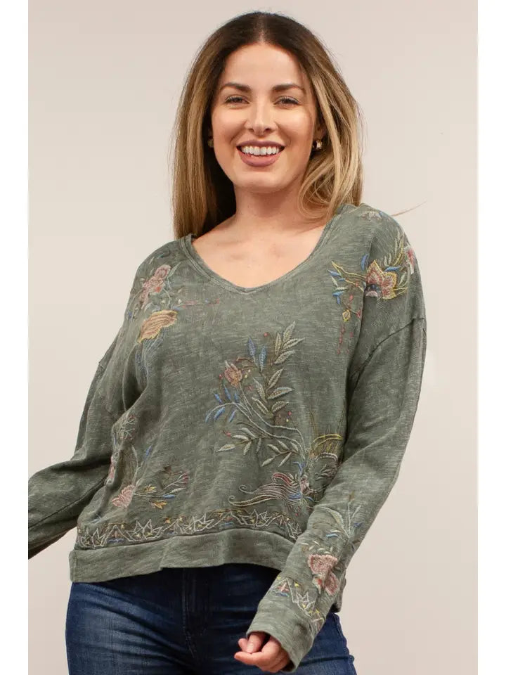 Charlie Floral Moon Emb. Textured Long Sleeve Top Shale