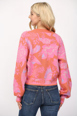 Floral Pattern Buttoned Crop Cardi Orange Multi
