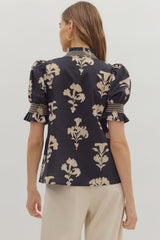Floral Print Short Puff Embroidered Smocking Top Black