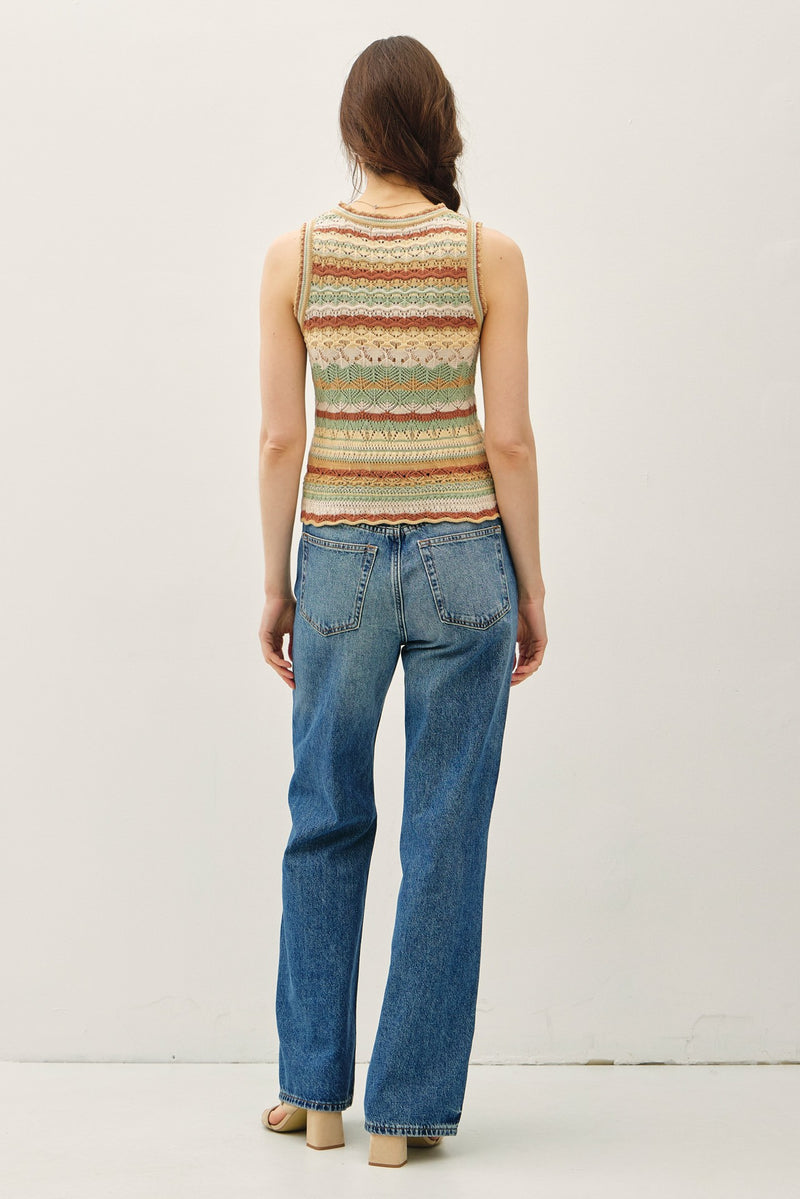 Crochet Knit Multi Color Striped Tank Sage
