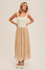 Pleated Polka Dot Contrast Midi Dress Ecru