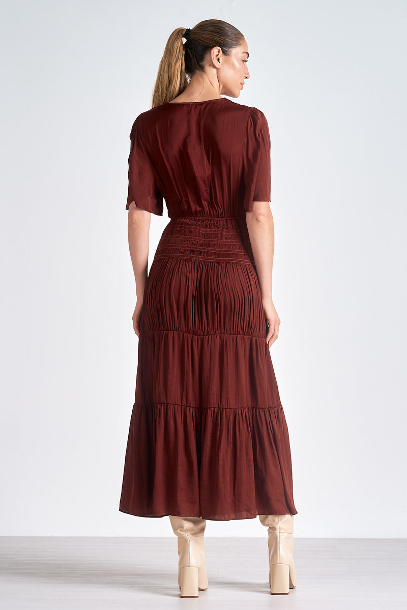 Smocked Bodice Tiered Satin Maxi Dress Brick