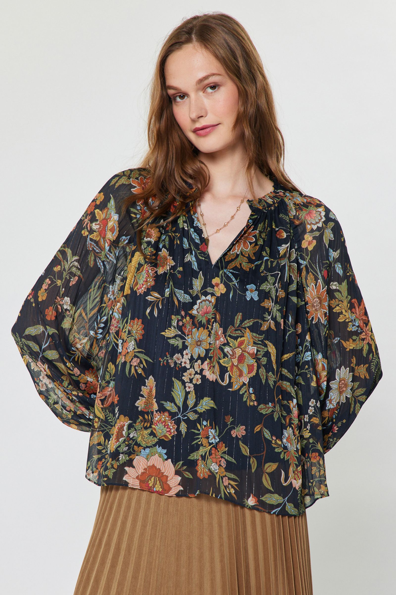 Botanical Floral Printed Shimmer Stripe Blouse Navy Multi