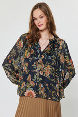 Botanical Floral Printed Shimmer Stripe Blouse Navy Multi