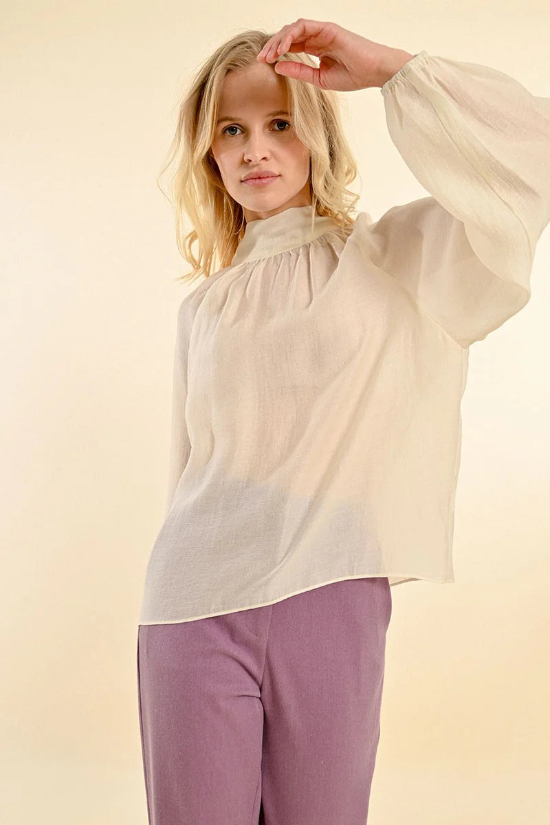 Bishop Sleeve High Neck Bow Back Blouse Off White