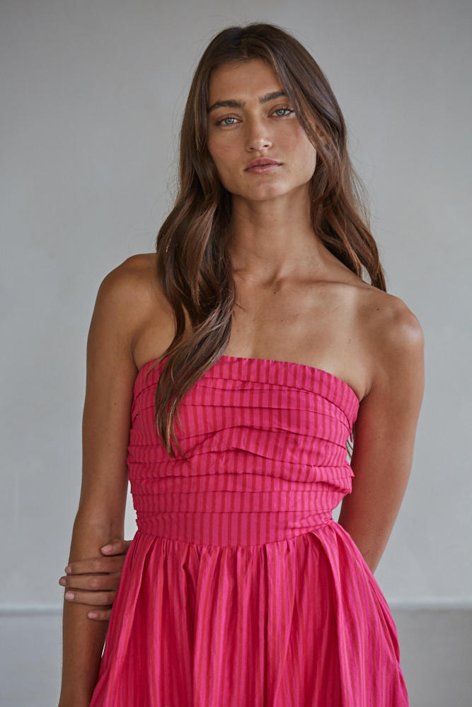 Striped Strapless Smocked Back Maxi Dress Pink