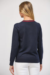 Flag Artwork Crew Neck Sweater Top Navy