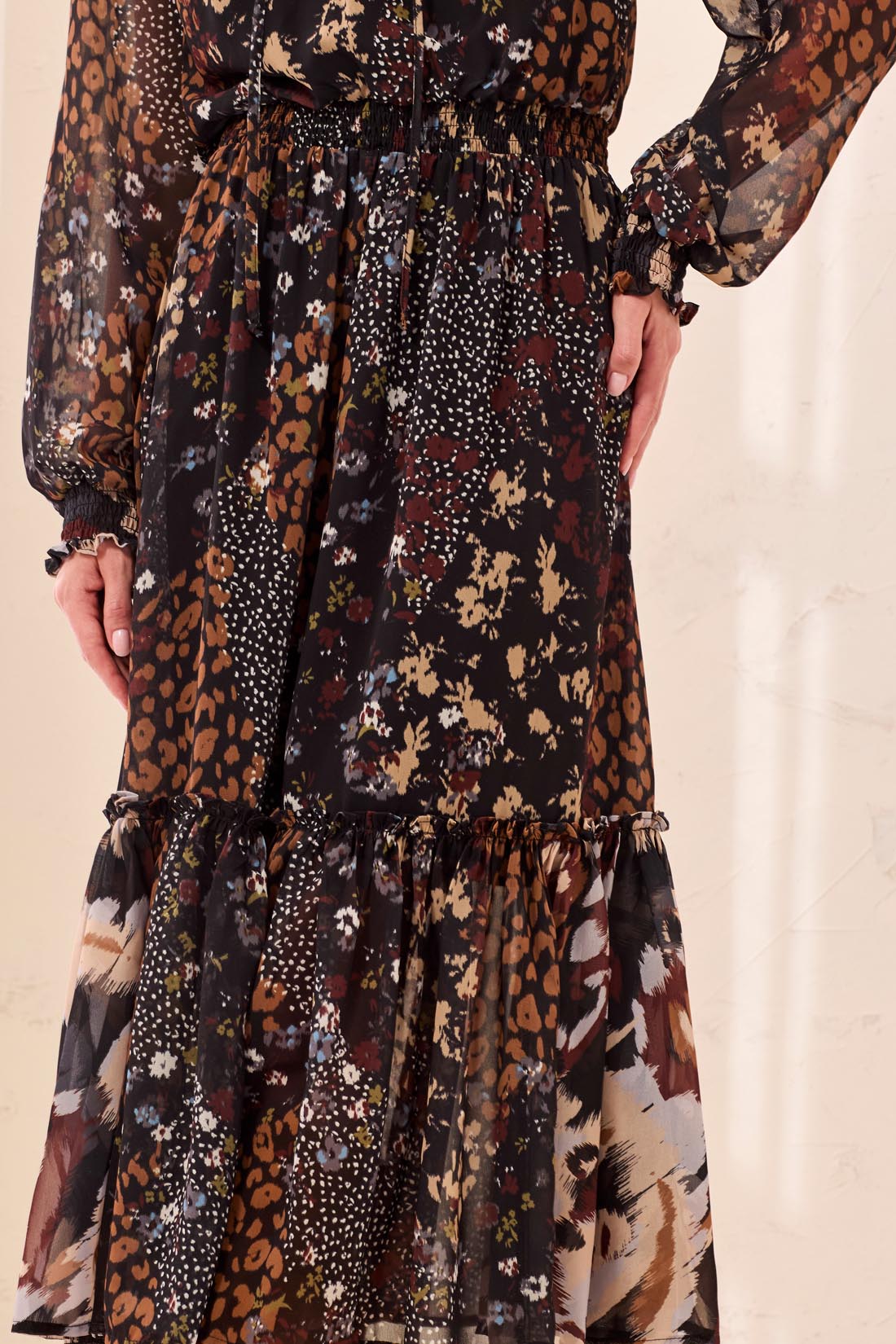 Mixed Print Drama Smocked Maxi Dress Rustic Brown