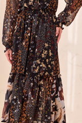 Mixed Print Drama Smocked Maxi Dress Rustic Brown