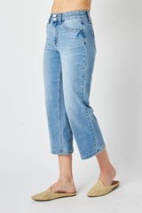 Double Button High Rise Crop Wide Leg Jeans Medium