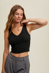 Cropped Ribbed Padded Bra Tank Black
