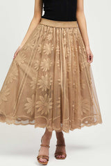 Floral Embroidered Mesh Midi Skirt Tan