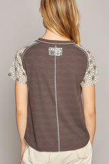 Floral Stitch Detail Raglan Sleeve Top Charcoal