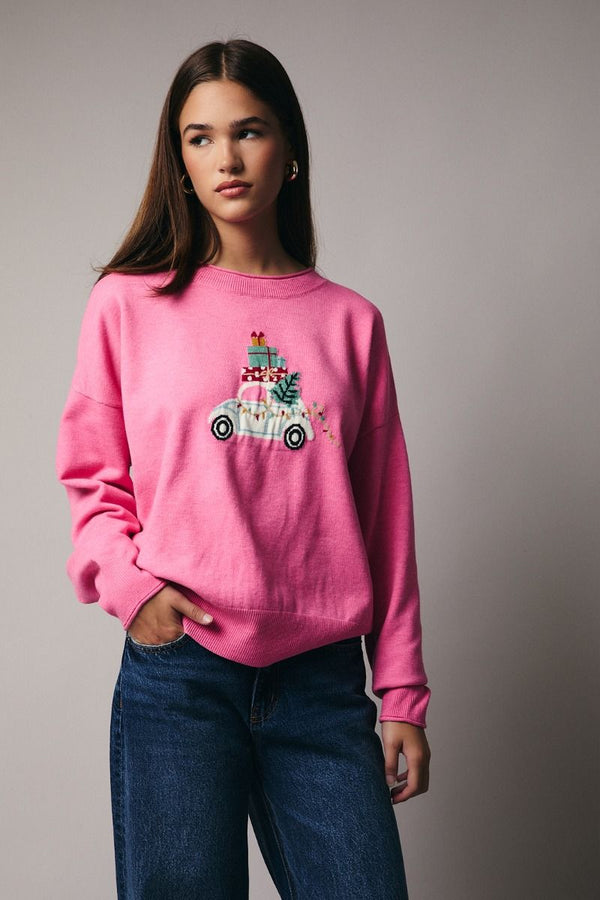 Xmas Car With Packages Graphic Sweater Pink