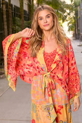 Contrast Border Print Floral Kimono Tomato Mix