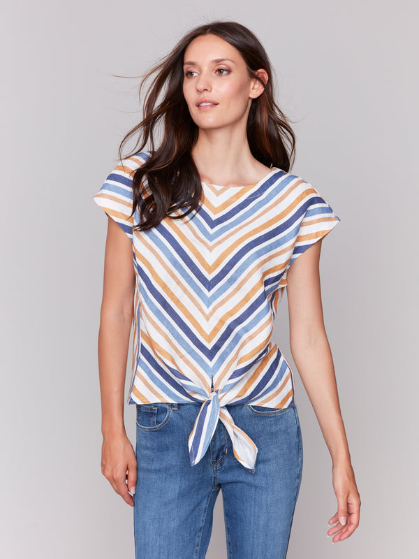 Stripe Linen Tied From Cap Sleeve Top Denim