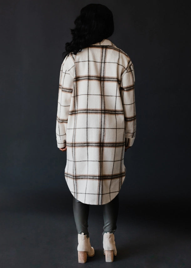 Long Flannel Plaid Jacket Tan + Olive