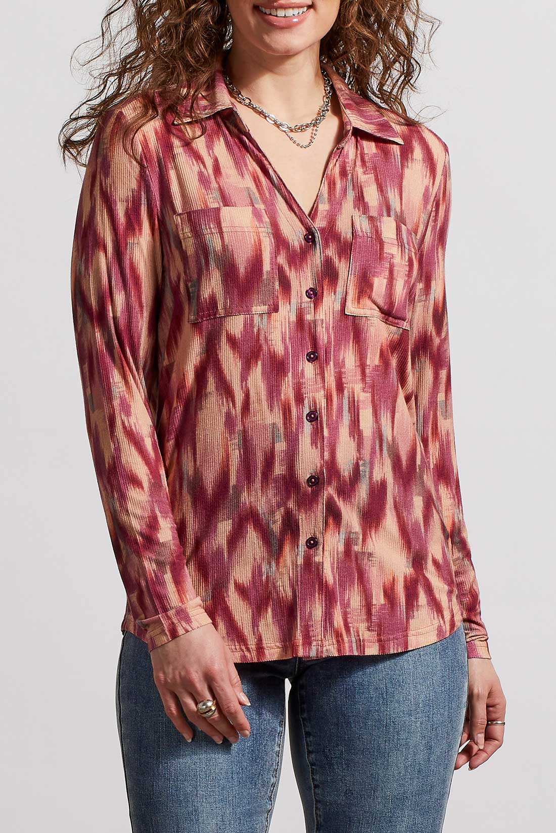 Rib Knit Printed Button Down Top Red Plum