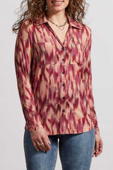 Rib Knit Printed Button Down Top Red Plum