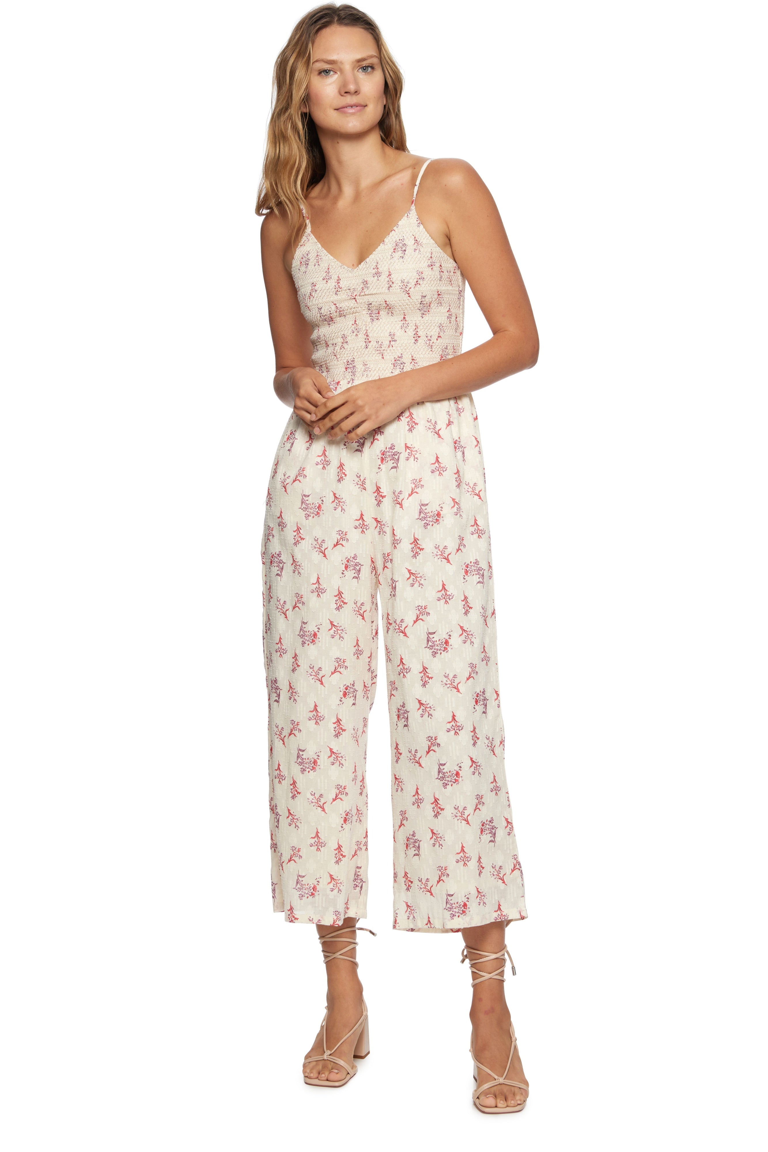 Jenny Printed Jacquard Smocked Bodice Jumpsuit Cream + Pink