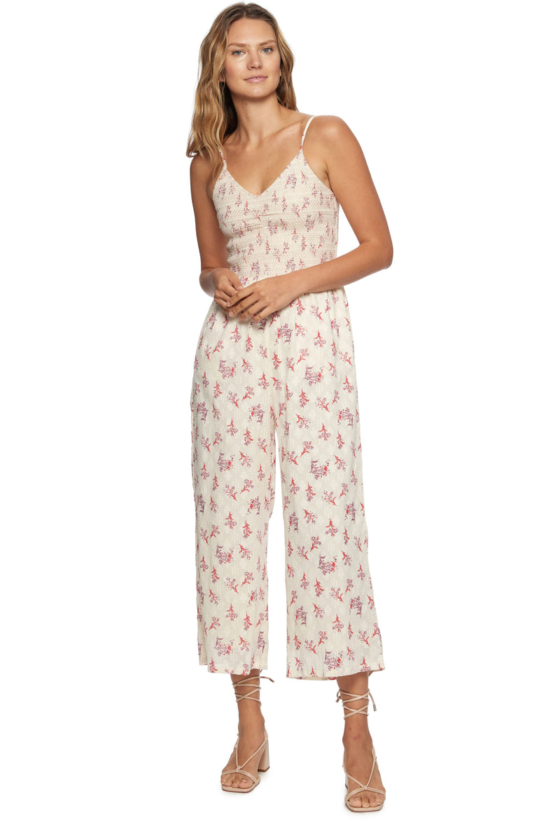 Jenny Printed Jacquard Smocked Bodice Jumpsuit