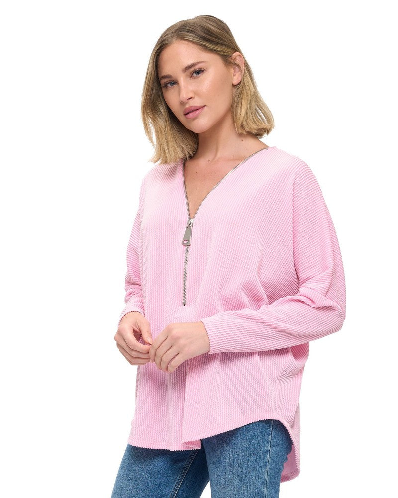 Dolman Mini Rib Zipper Top Pink