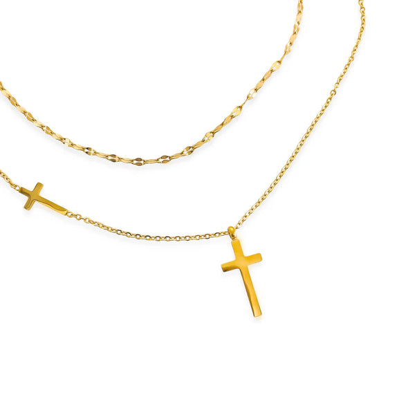 18k Gold Plated WR Layered Multi Cross Necklace - Gold