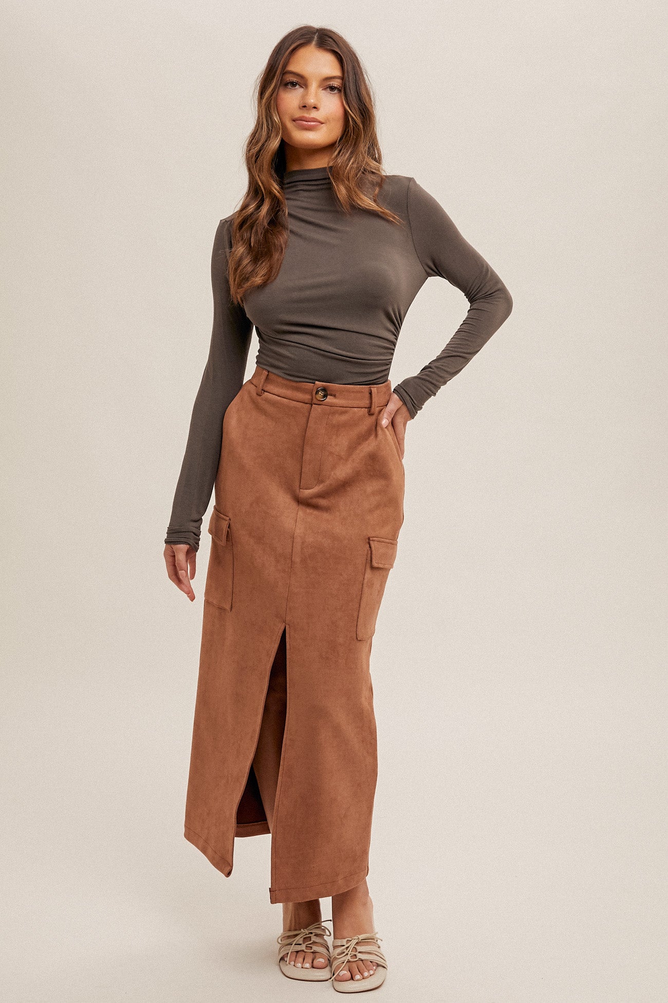 Suede Front Slit Midi Skirt Camel