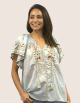 Kiora Embroidered Blouse Saltwater Blue