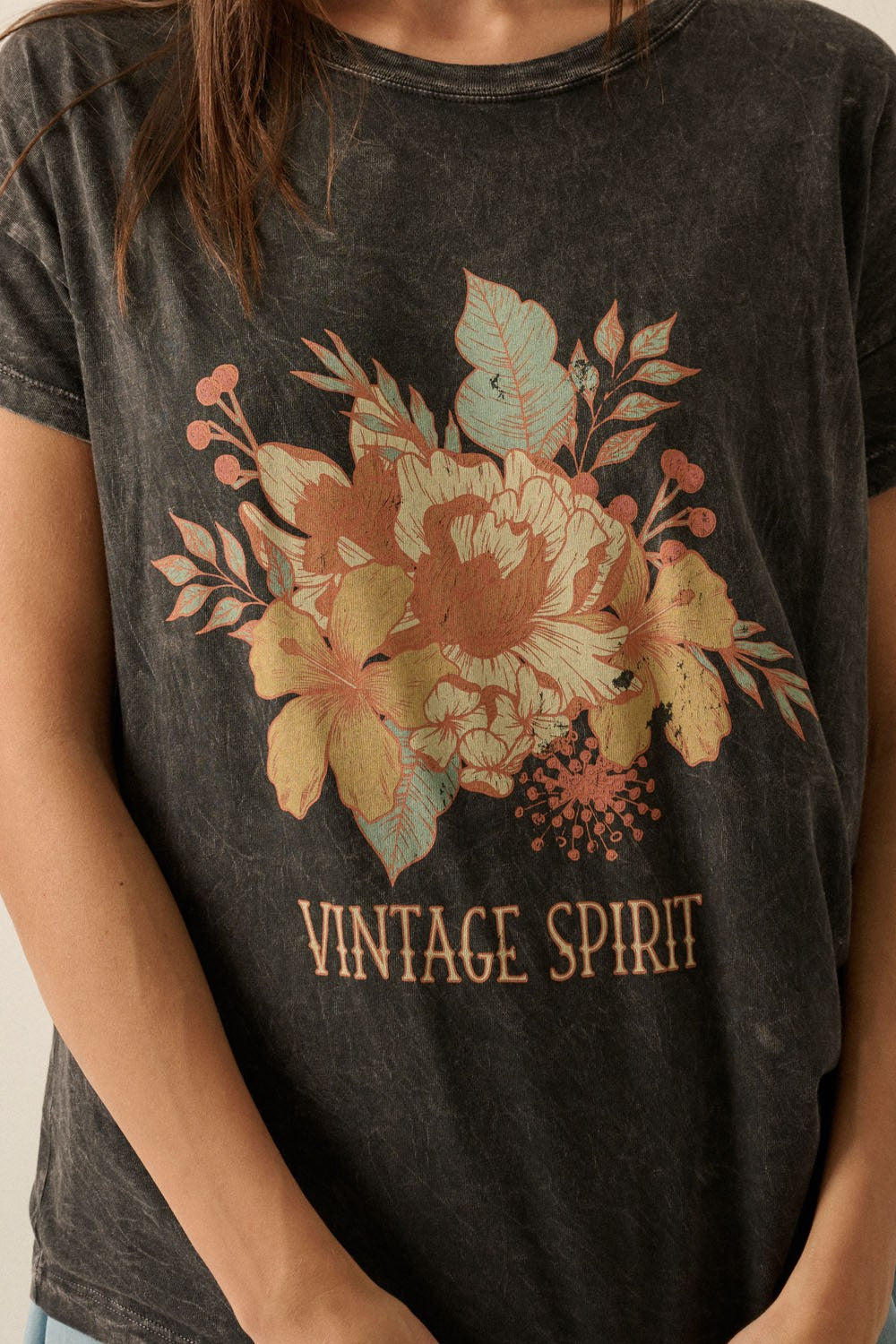 Vintage Spirit Floral Mineral Wash Tee Charcoal