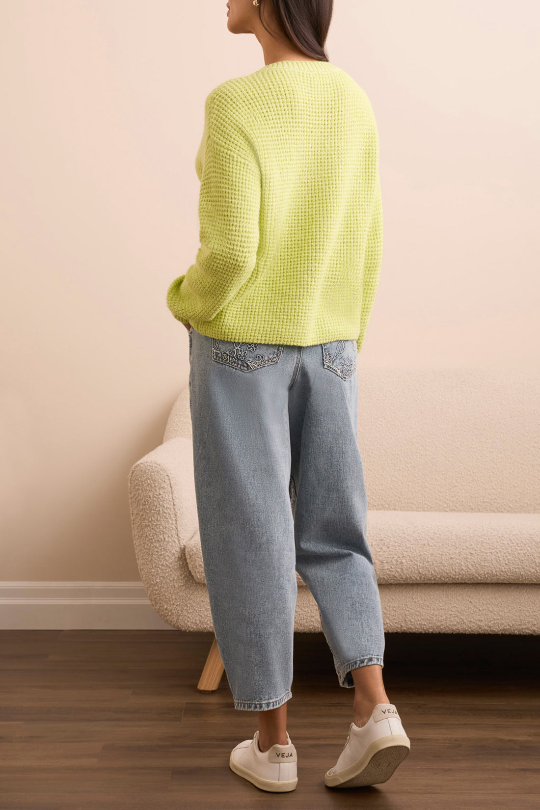Drop Shoulder Textured Vneck Sweater Lime Mist