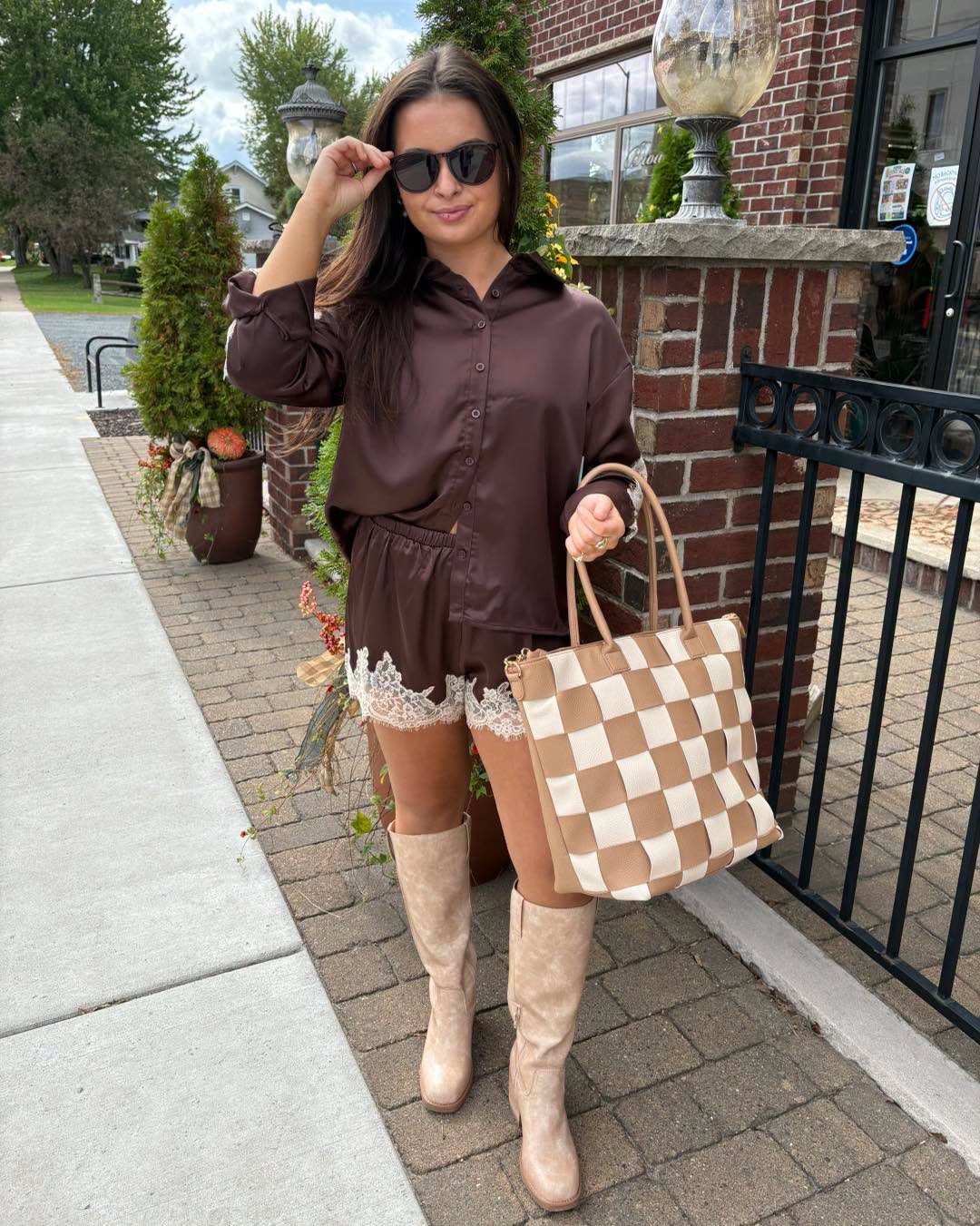 Scallop Edge Lace Trim Button Down Shirt & Shorts