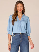 3/4 Cinched Band Sleeve Floral Crochet Button Down Top Light Blue