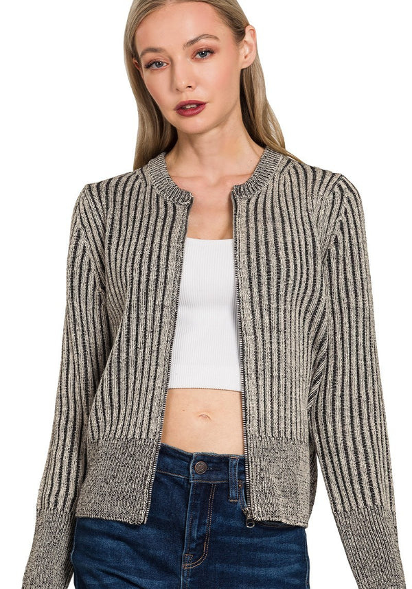 Two Tone Zip Up Sweater Black