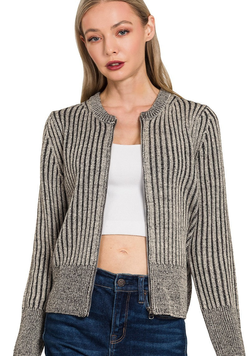 Two Tone Zip Up Sweater Black