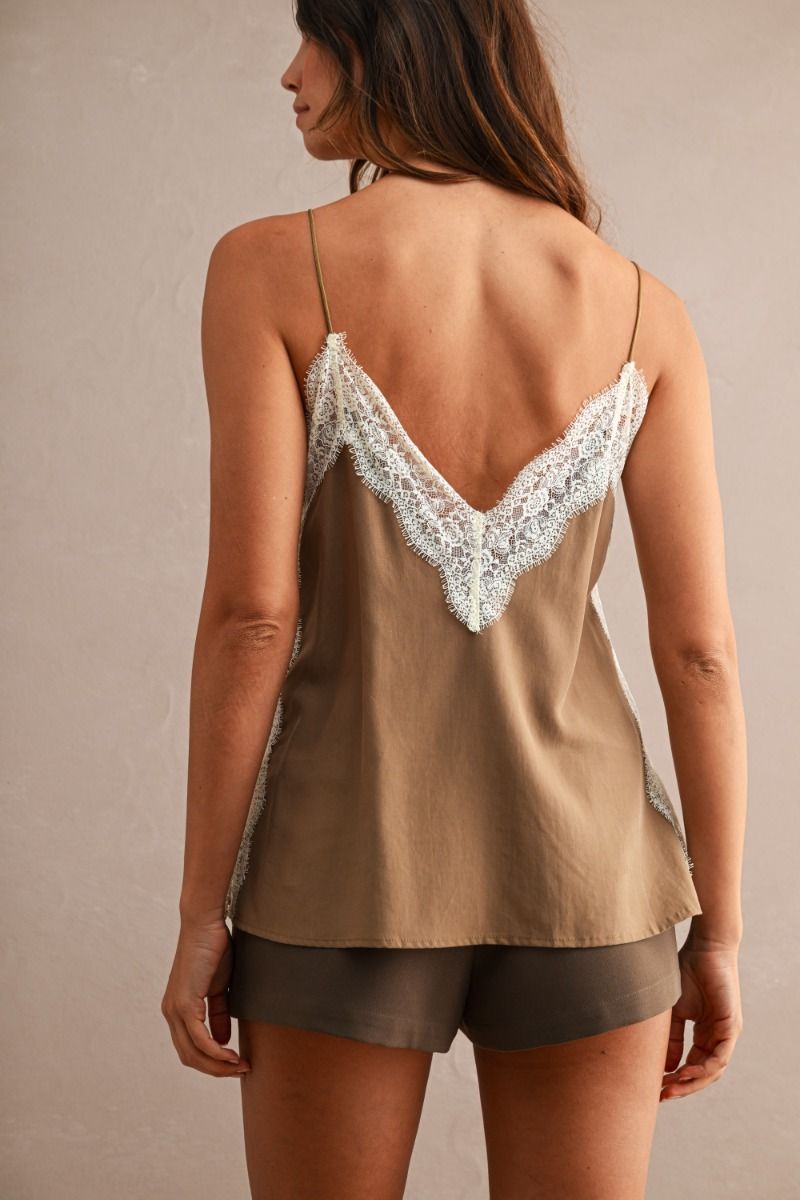 Contrast Lace Trim Cami Mocha