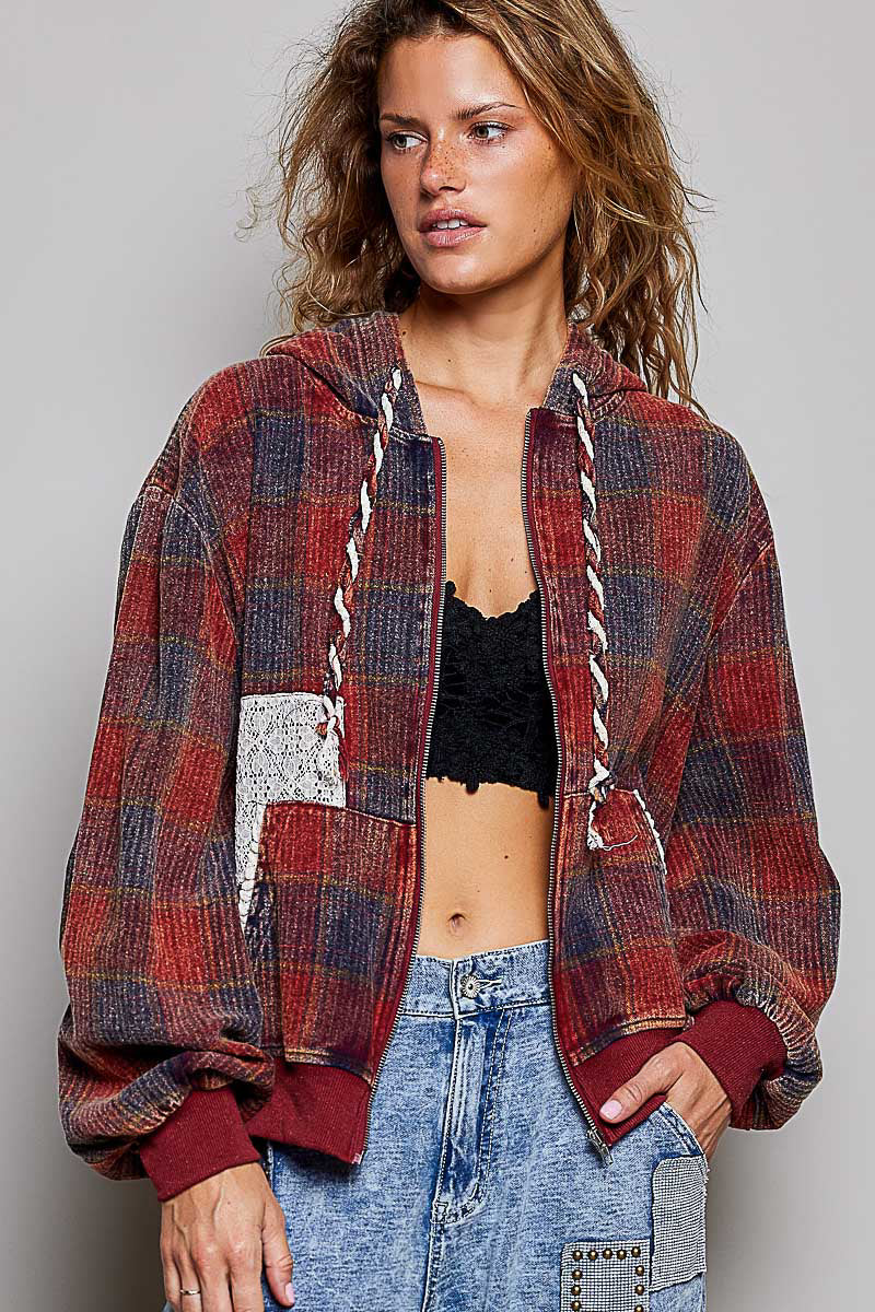 Lace Detail Plaid Zip Up Hoodie Jacket Wine Multi