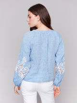 Lace Detail Raglan Sleeve Button Down Blouse Chambray