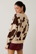 V-NECK LONG SLEEVE COW PATTERN SWEATER Cream-Brown Animal