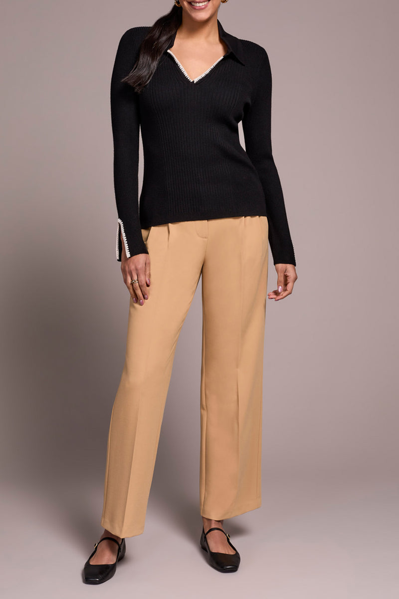 Stitched Neckline Polo Sweater Top Black