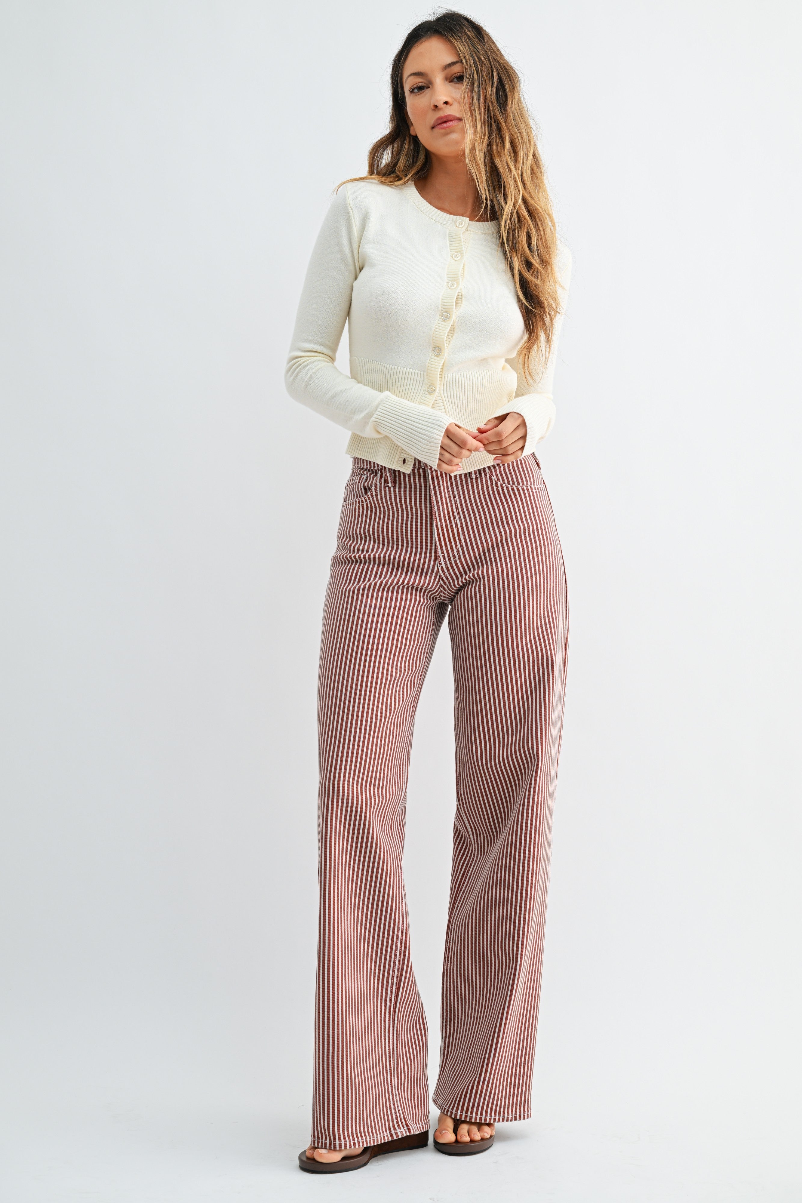 Relaxed Wide Leg Stripe Denim Pants Spice Brown Stripe